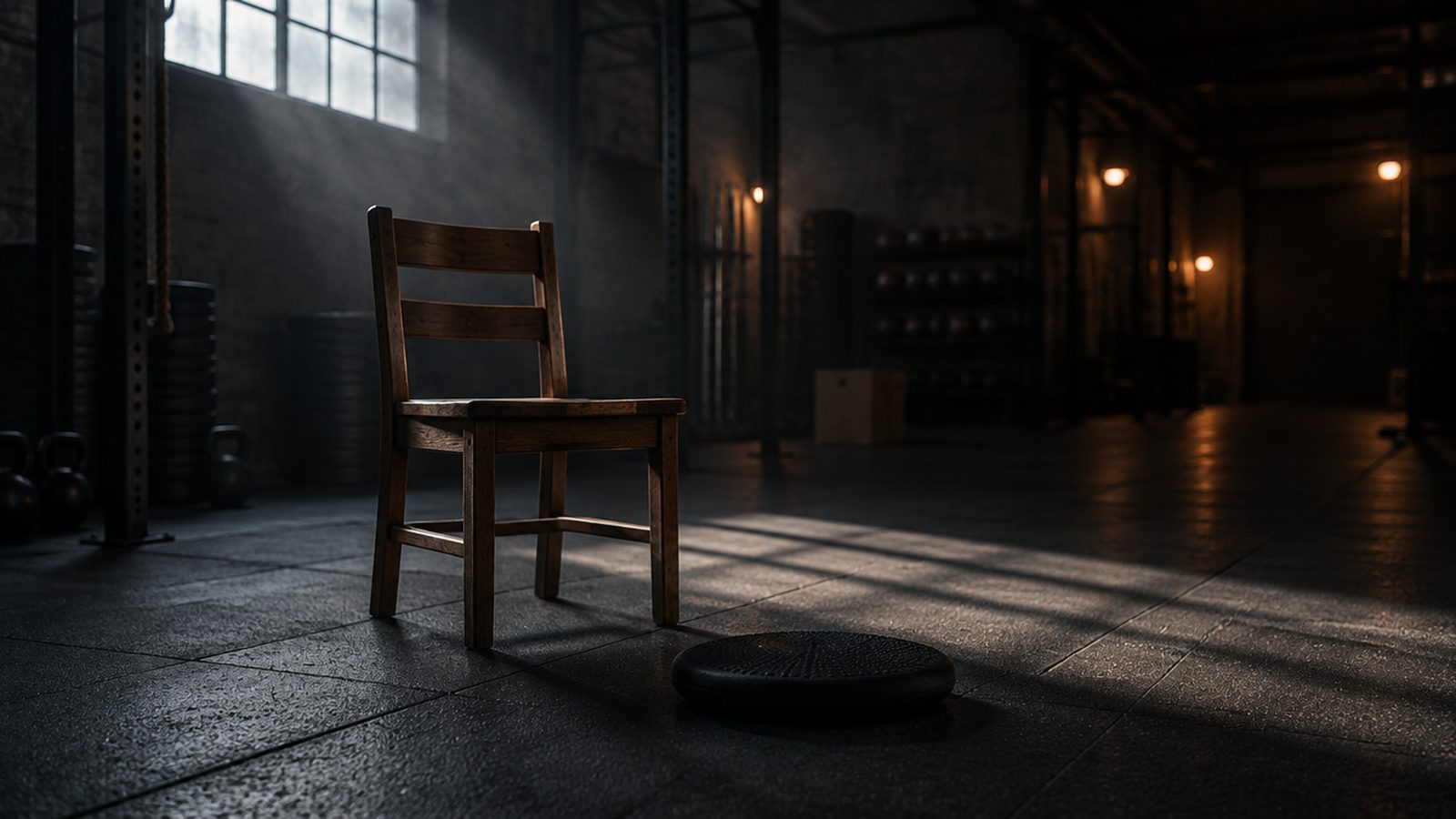 A wooden chair and a balance pad on a dark gym floor in morning light