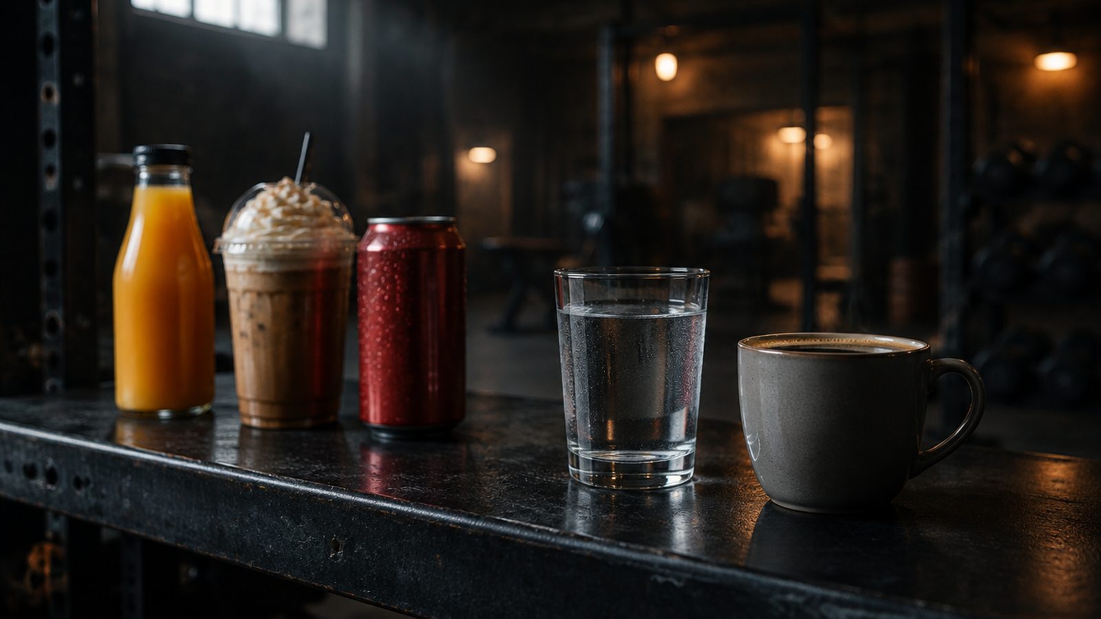Orange juice, an iced coffee drink and a soda next to a glass of water and black coffee