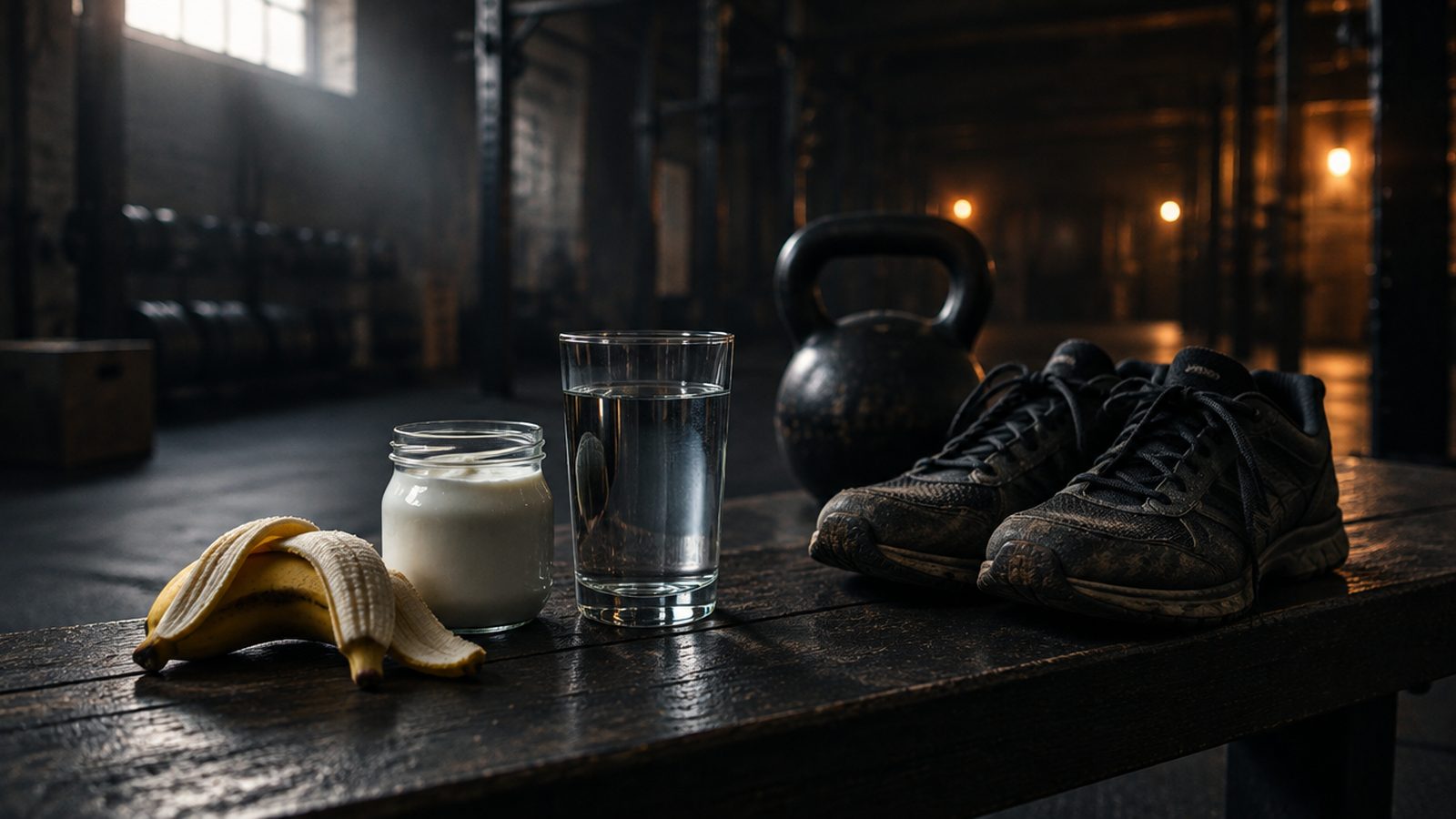 A banana, a jar of yoghurt and a glass of water beside training shoes in a dark gym