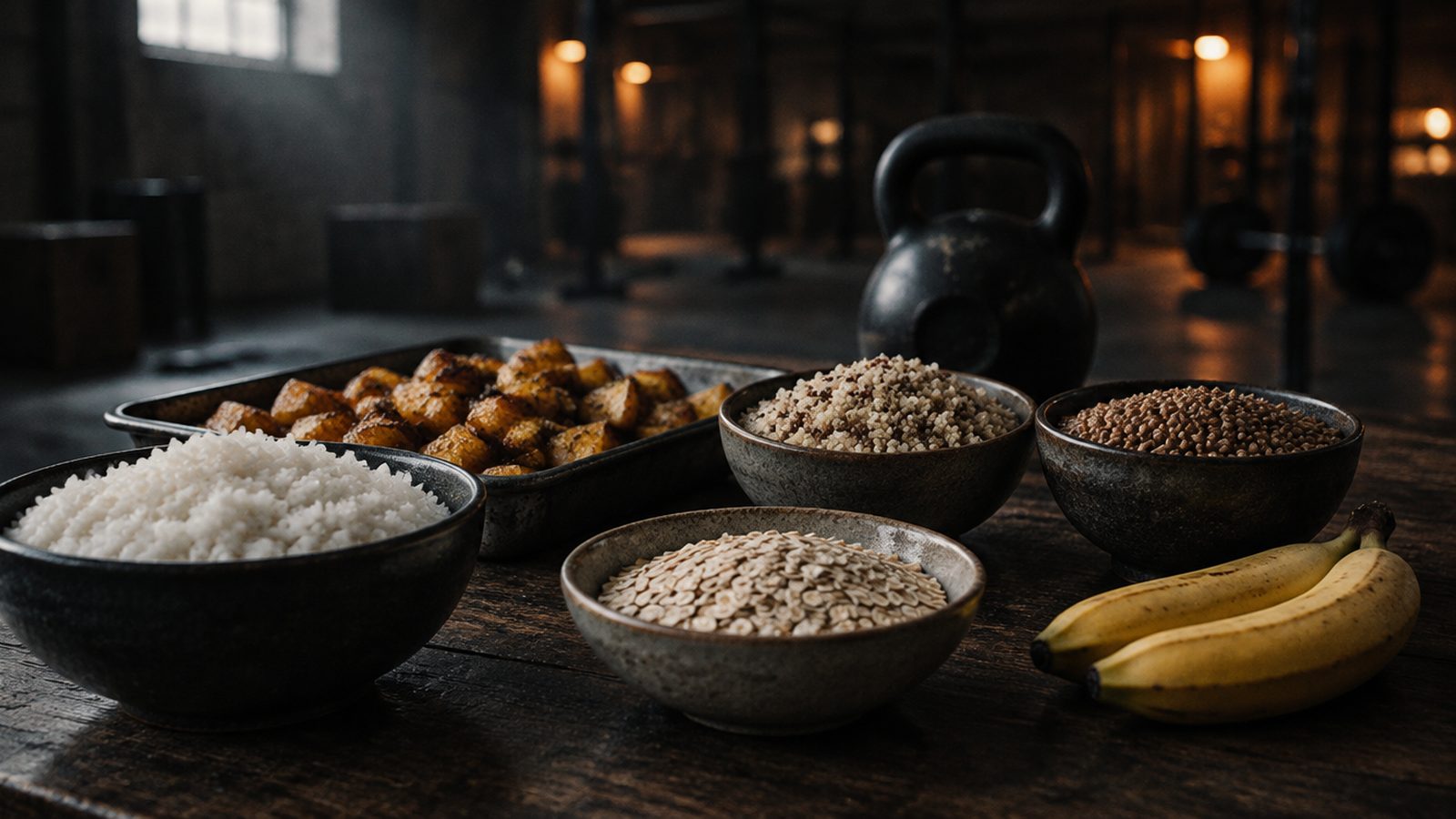Bowls of rice, quinoa, buckwheat and oats with roasted potatoes and bananas on a dark table