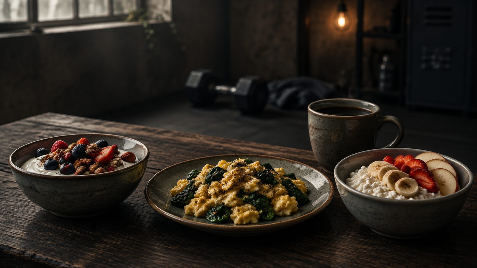 Greek yoghurt with berries, eggs with spinach and cottage cheese with fruit on a dark table