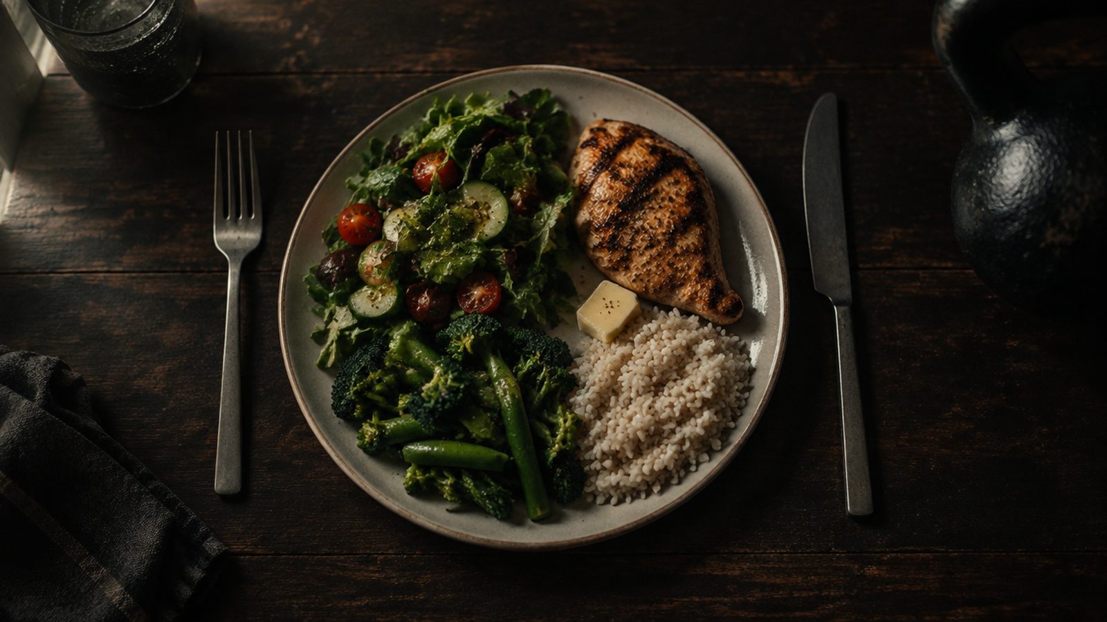 A plate half vegetables with grilled chicken and rice on a dark table beside a kettlebell