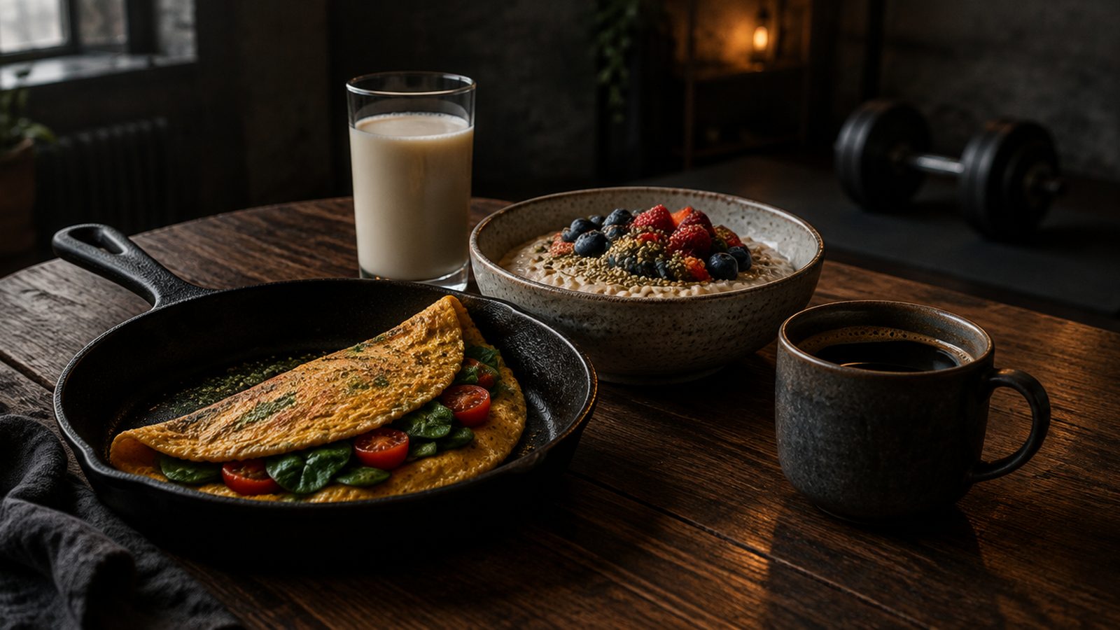 A chickpea flour omelette, porridge with hemp seeds and a glass of plant milk on a dark table