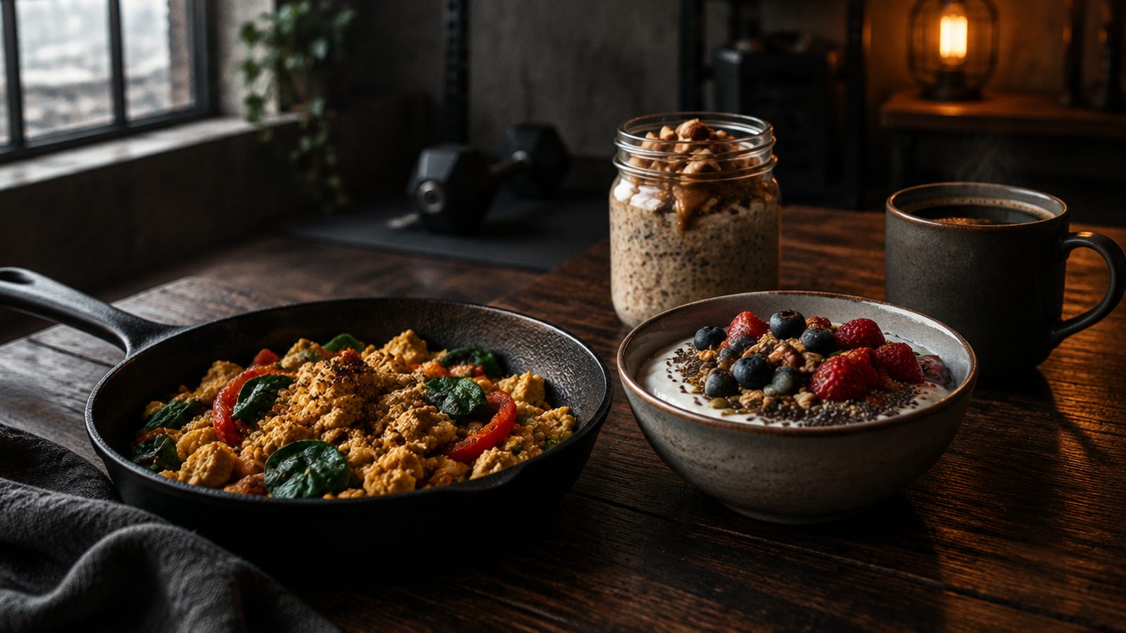 Tofu scramble, soy yoghurt with berries and overnight oats on a dark table