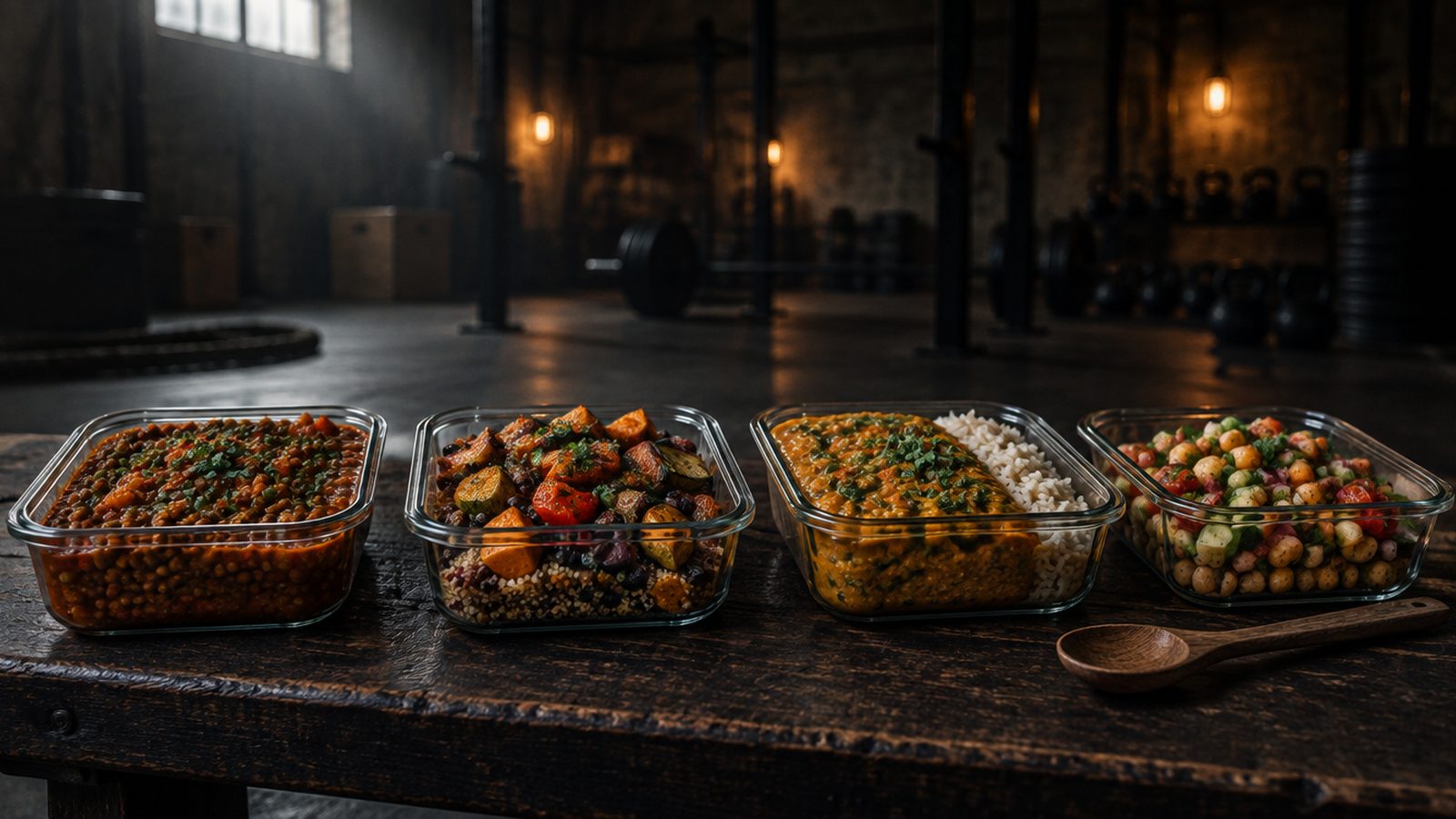 Four glass containers of lentil chilli, quinoa bowls, lentil curry and chickpea salad on a bench