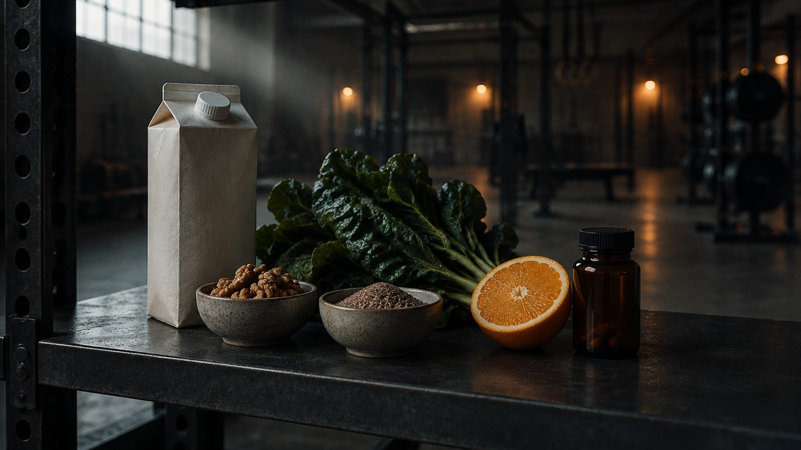 Soy milk, walnuts, flaxseed, leafy greens, an orange and a supplement bottle on a dark shelf