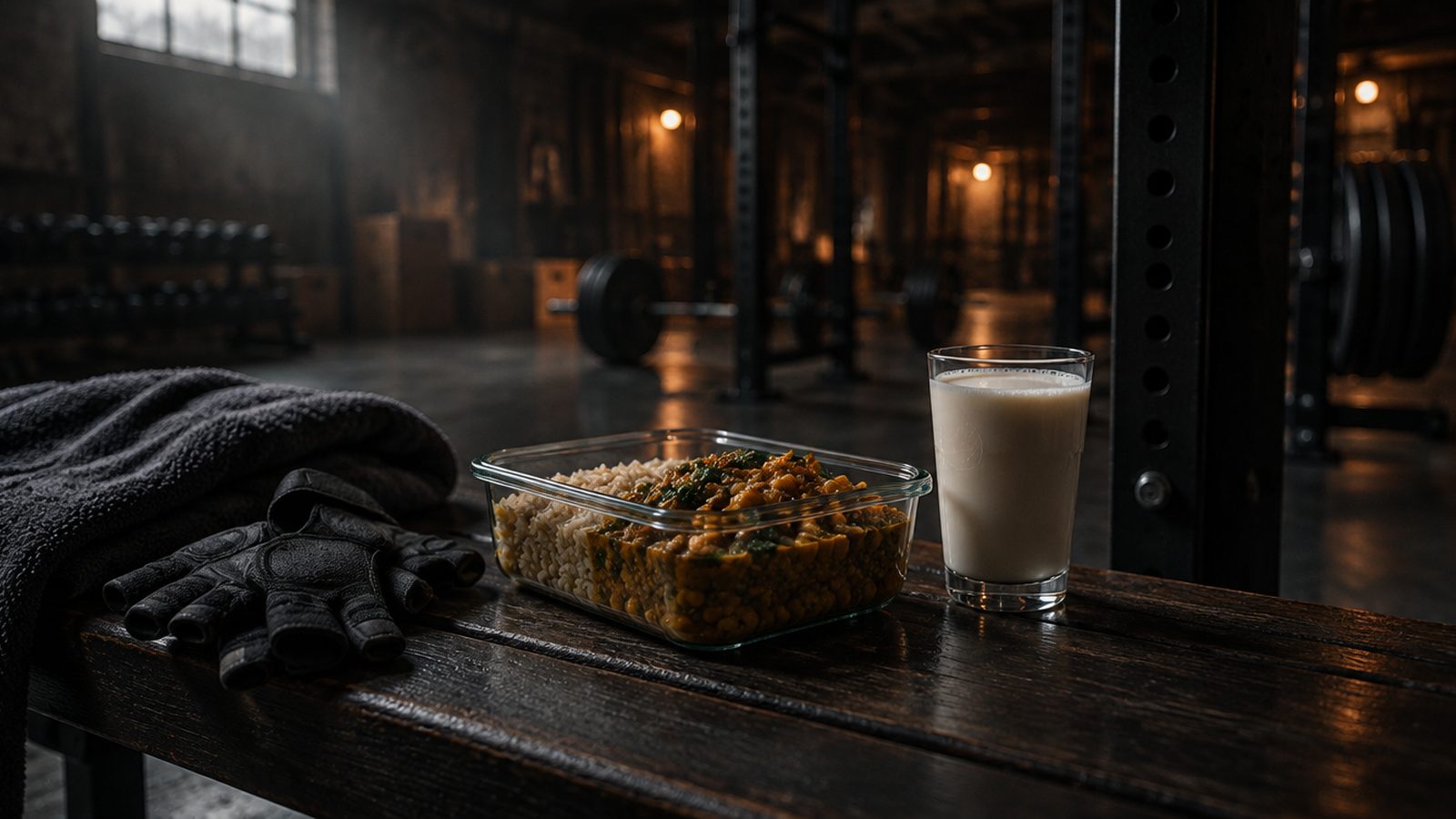 A container of chickpea and lentil curry with rice and a glass of soy milk on a gym bench