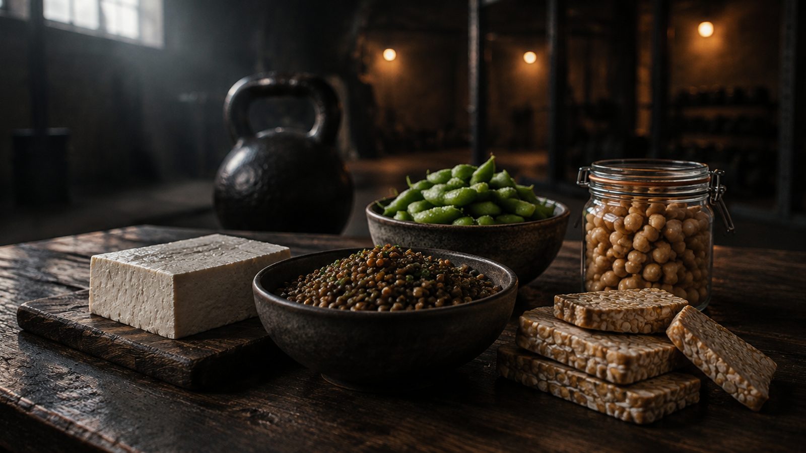 Tofu, lentils, edamame, chickpeas and tempeh on a dark table in a gym