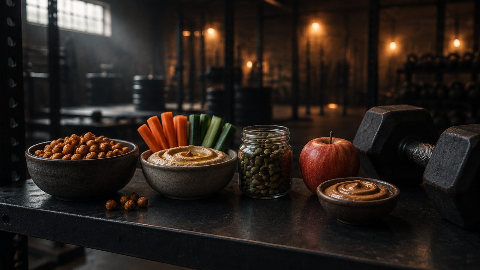 Roasted chickpeas, hummus with vegetable sticks, pumpkin seeds and an apple with nut butter