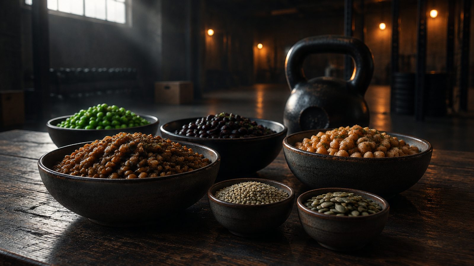 Bowls of lentils, black beans, chickpeas, peas, hemp seeds and pumpkin seeds on a dark table