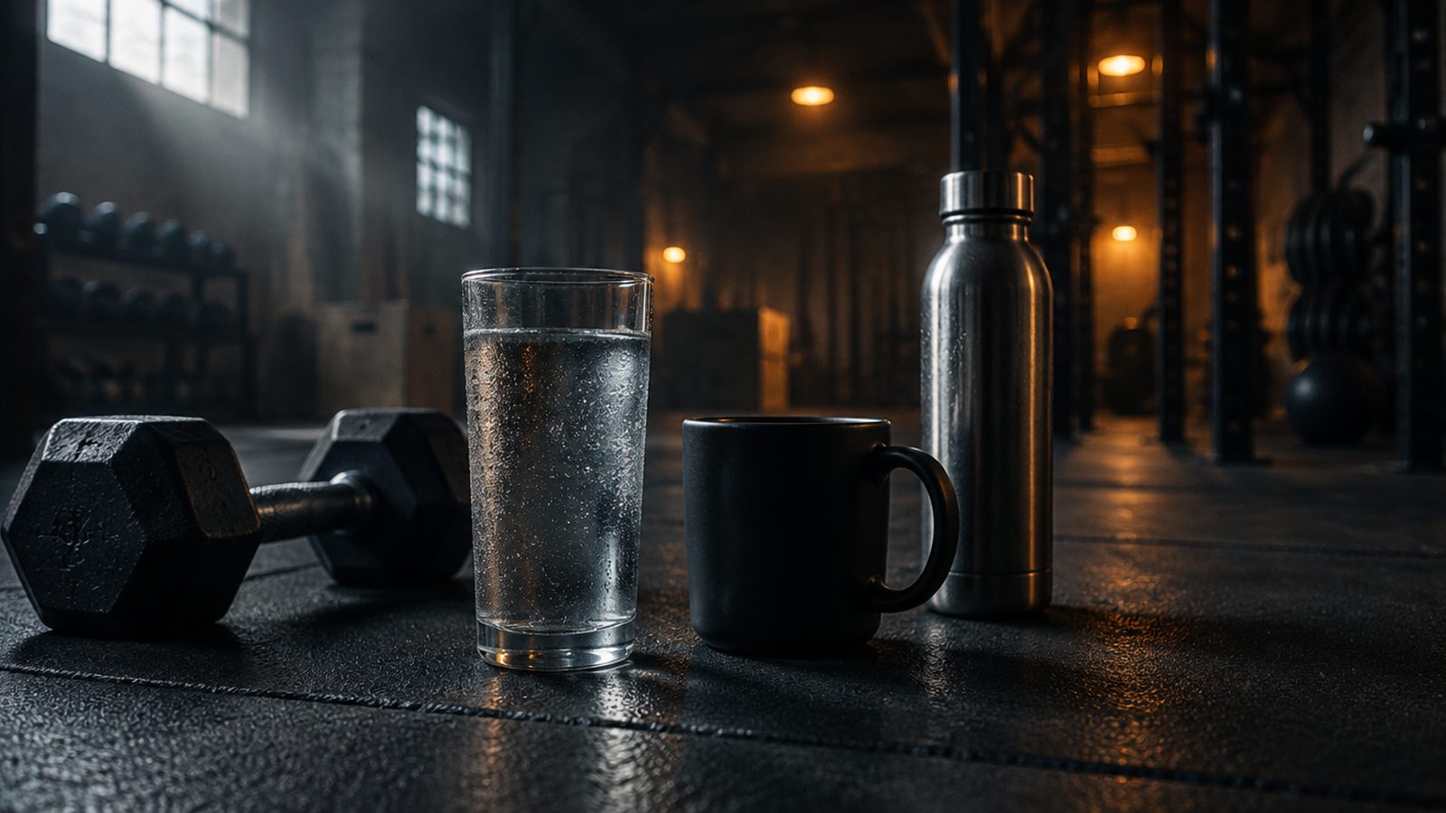 A glass of water, a coffee mug and a steel bottle beside a dumbbell on a gym floor