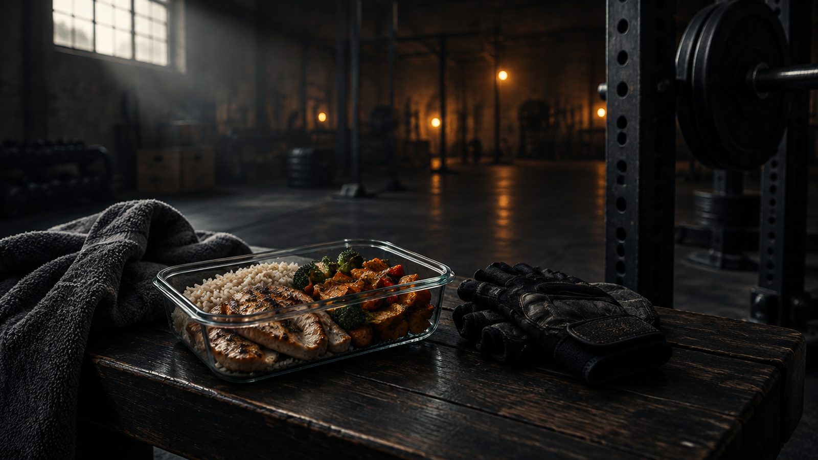 A container of chicken, rice and vegetables beside a towel and gloves on a gym bench