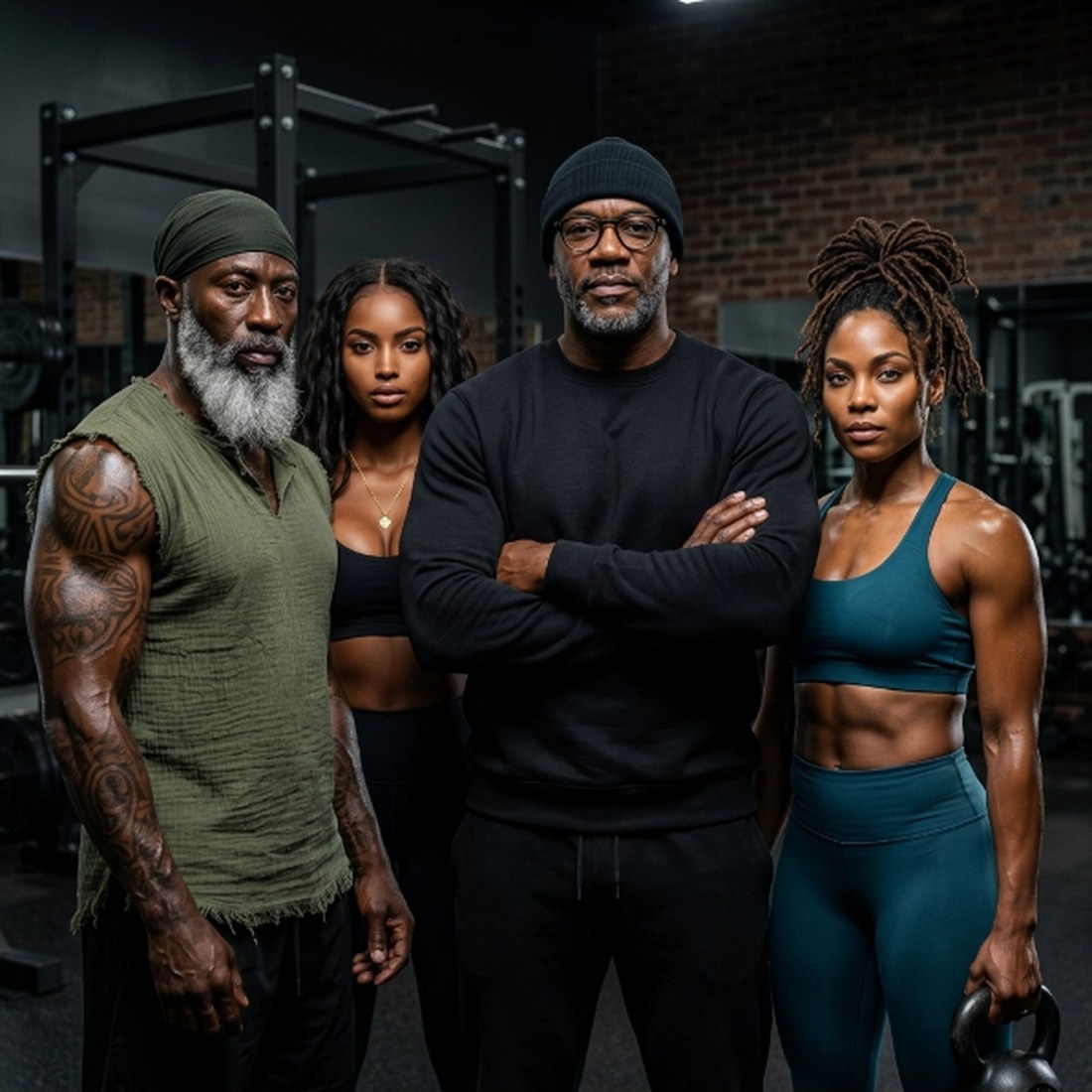 Four people standing together in a gym