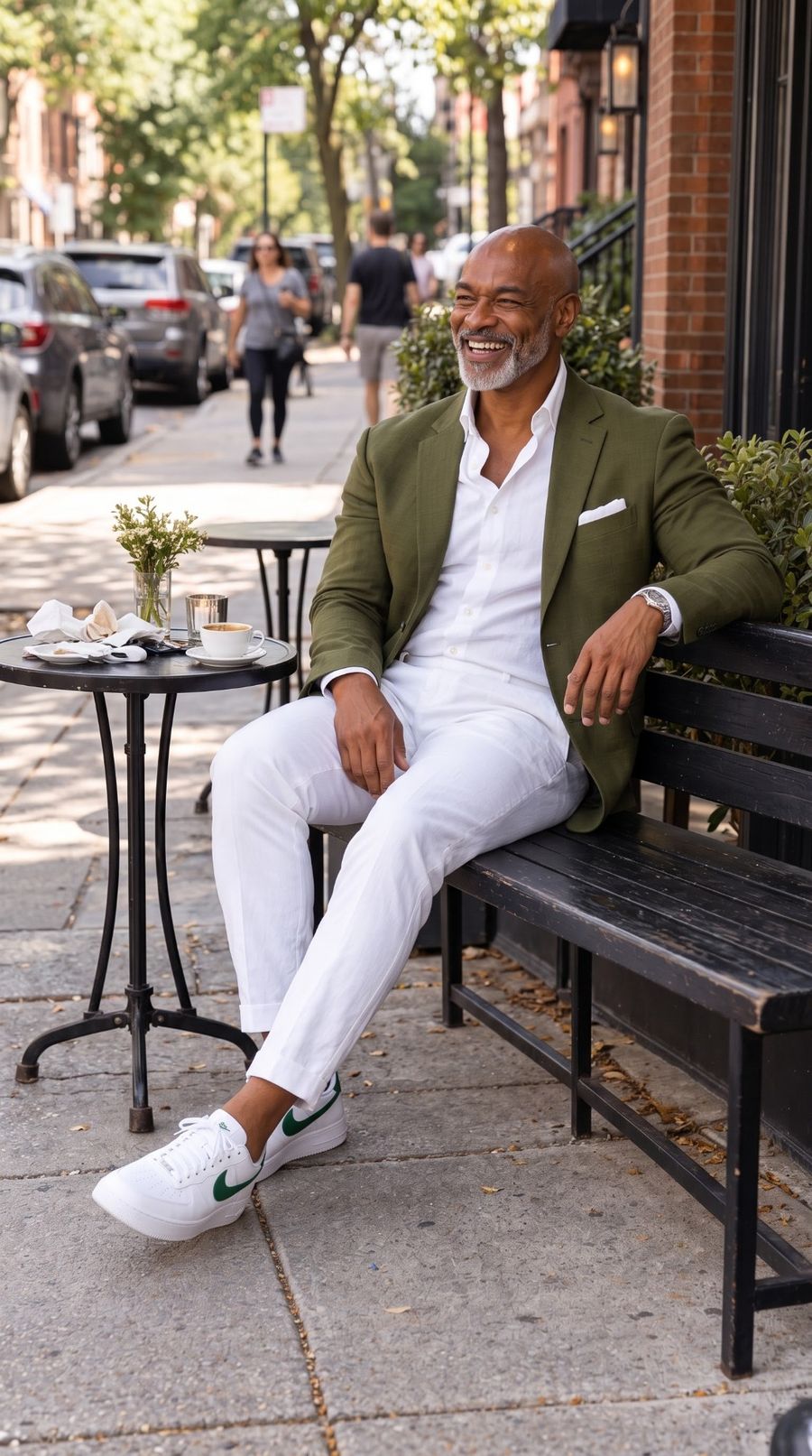 A smiling man over fifty with a grey beard on a café bench, wearing an olive blazer, white open-collar shirt, white trousers and white sneakers
