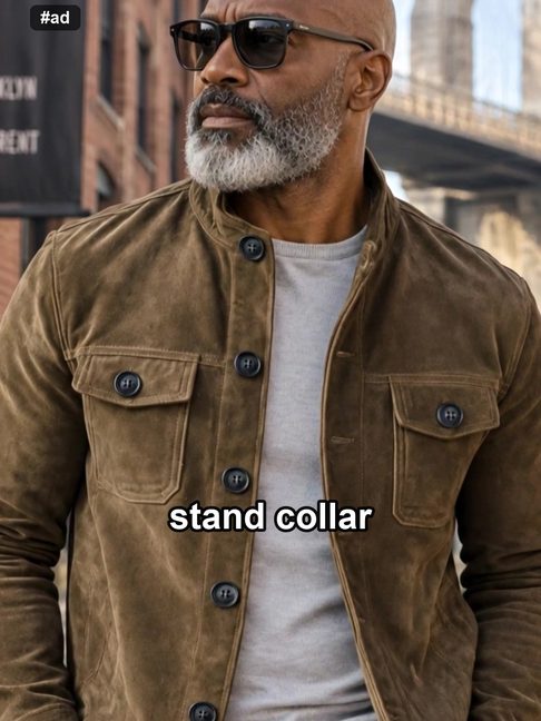 The faux suede stand-collar jacket over a grey tee