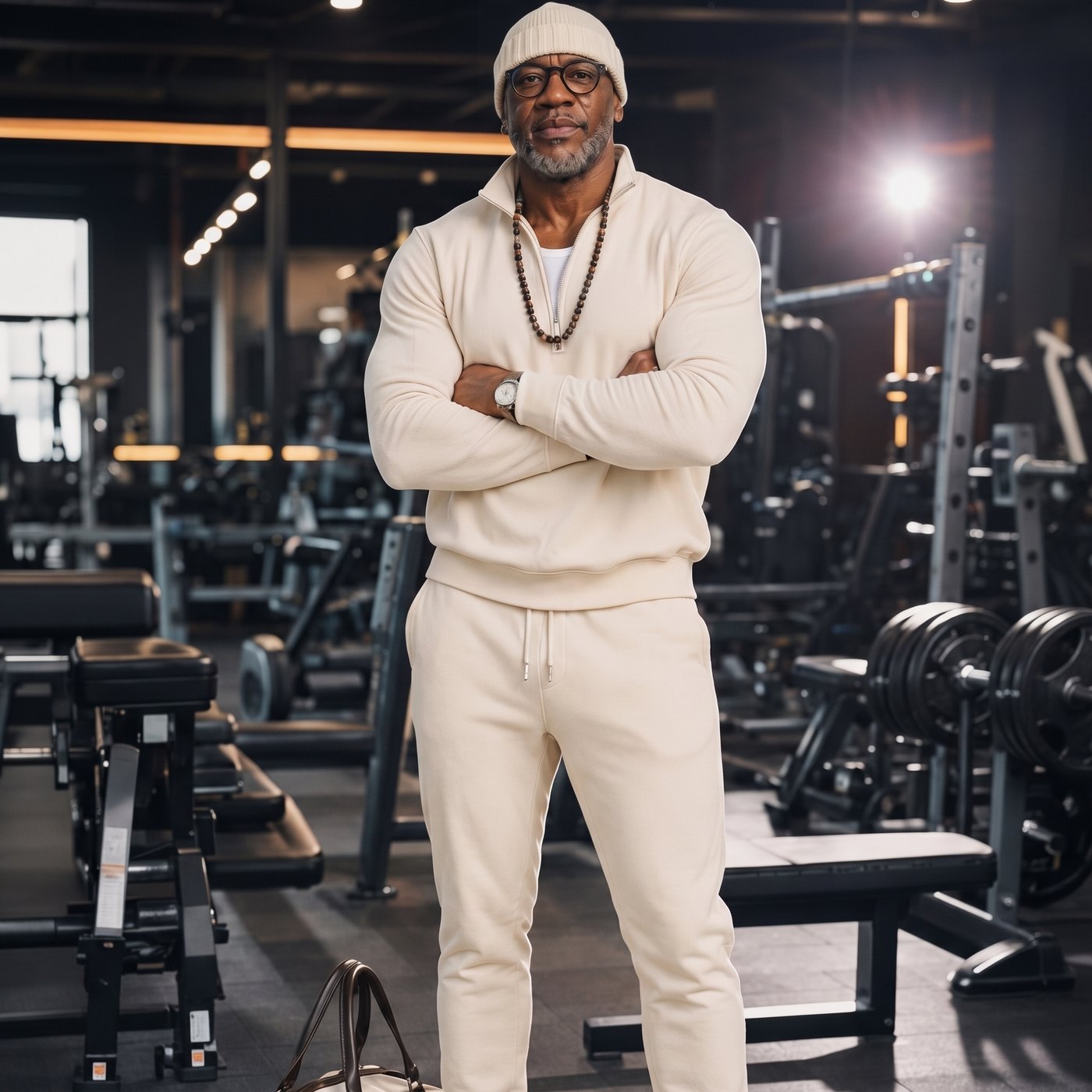 Malik, arms folded, in the gym
